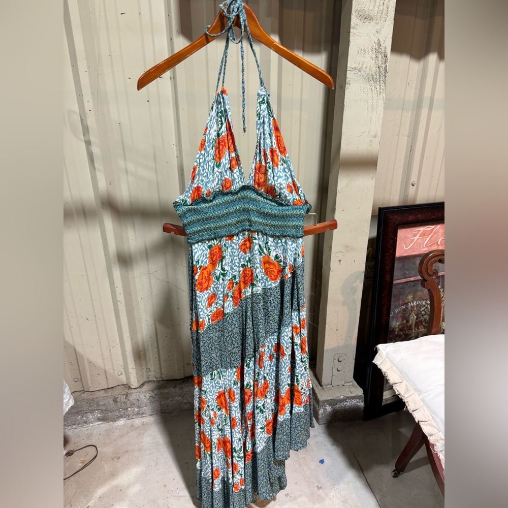 Free People Teal and Blue Patterned Dress